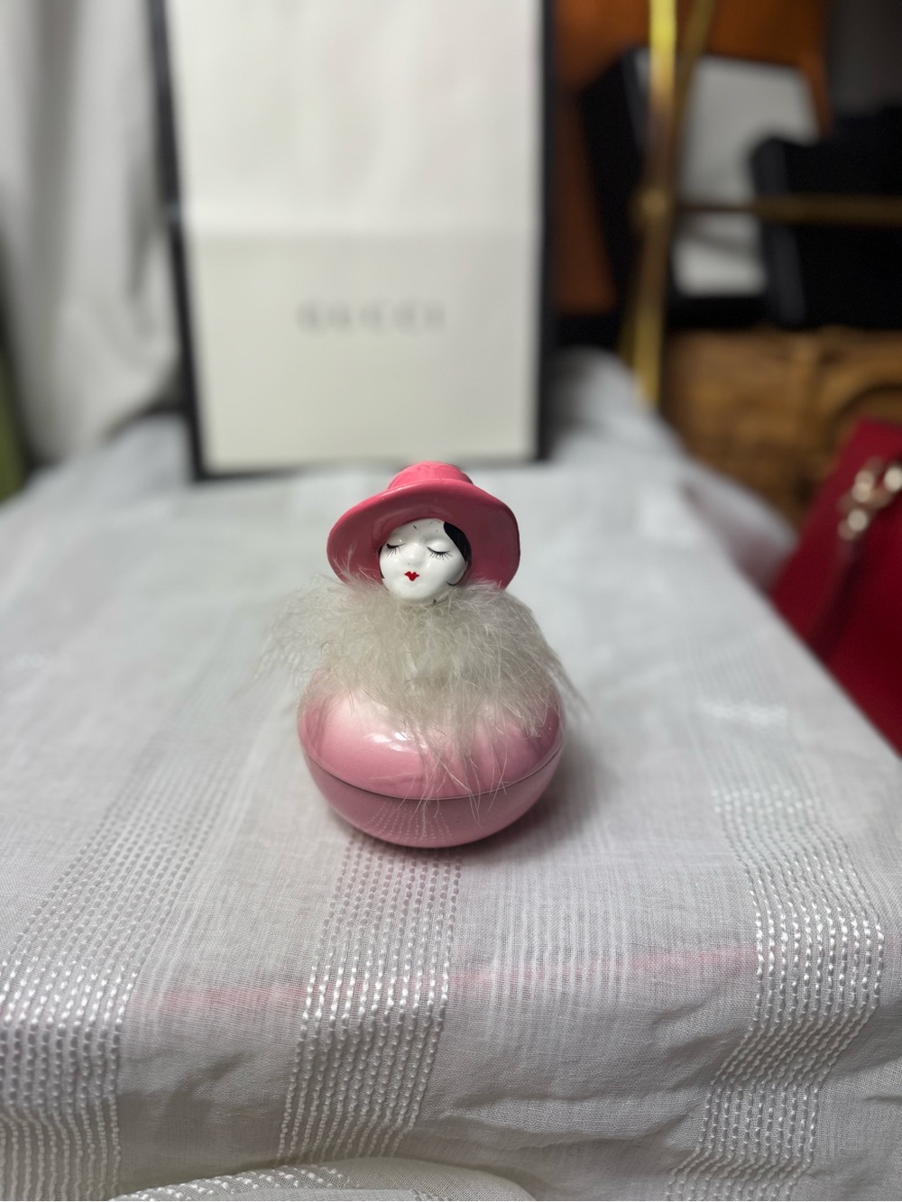 Vintage Girl Trinket Box with Feather Trim